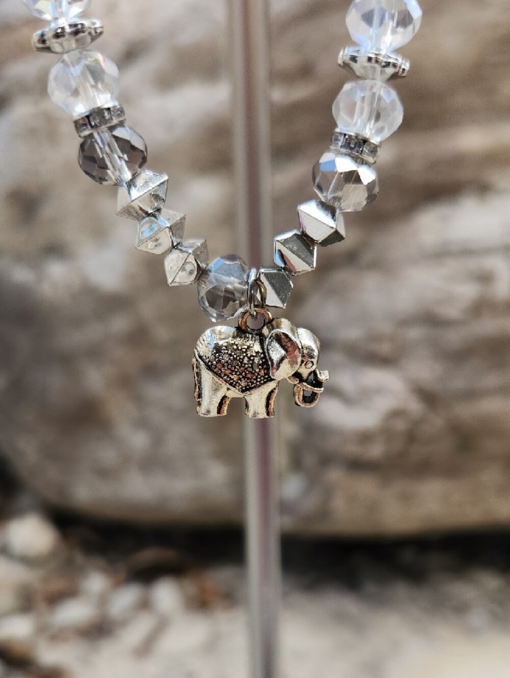 Beaded Elephant Charm Bracelet Set Rhinestone Spacers Silver Neutral Tones - Picture 4 of 12